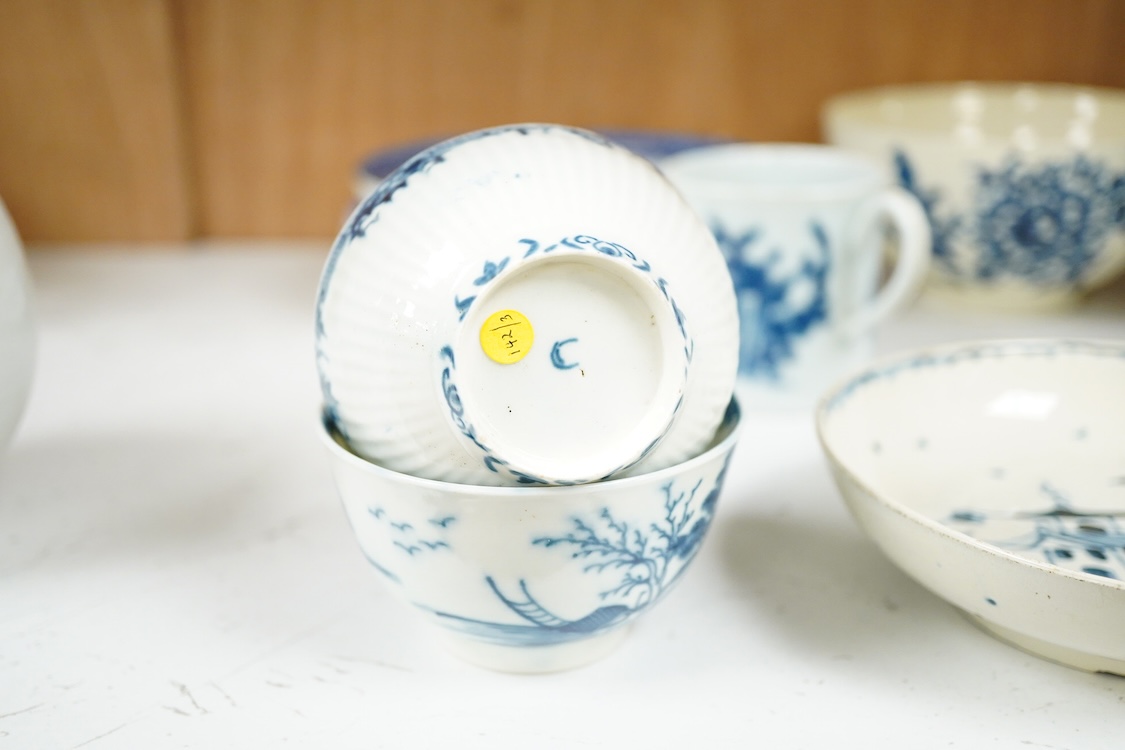 A group of 18th century Worcester, Liverpool etc. blue and white tea and coffee wares, teapot 9.5cm high